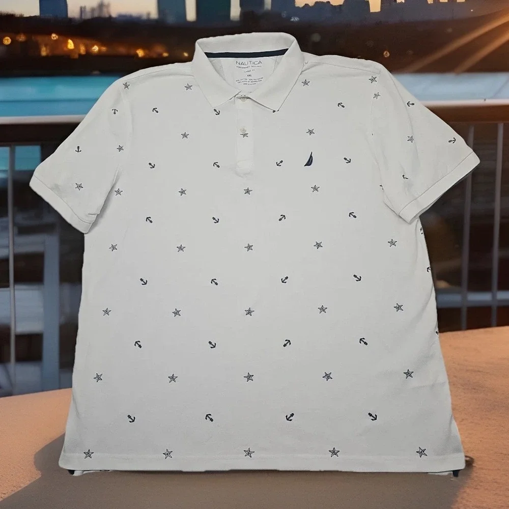 Nautica Performance Deck Polo Men XXL Shirt White Blue Anchor Nautical Print AOP